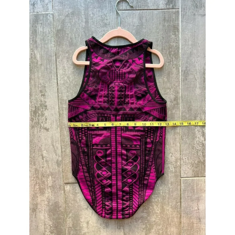 Intimately Free People Tribal Fitted Purple Black High Neck Stretch Bodysuit M